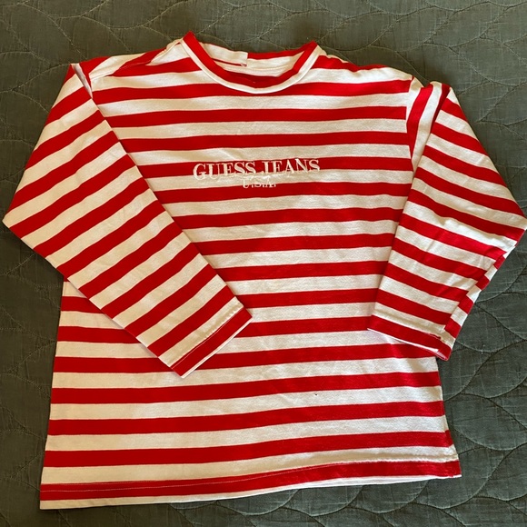 Vintage Guess Jeans red and white striped mock neck 3/4 sleeve shirt L - Picture 6 of 10